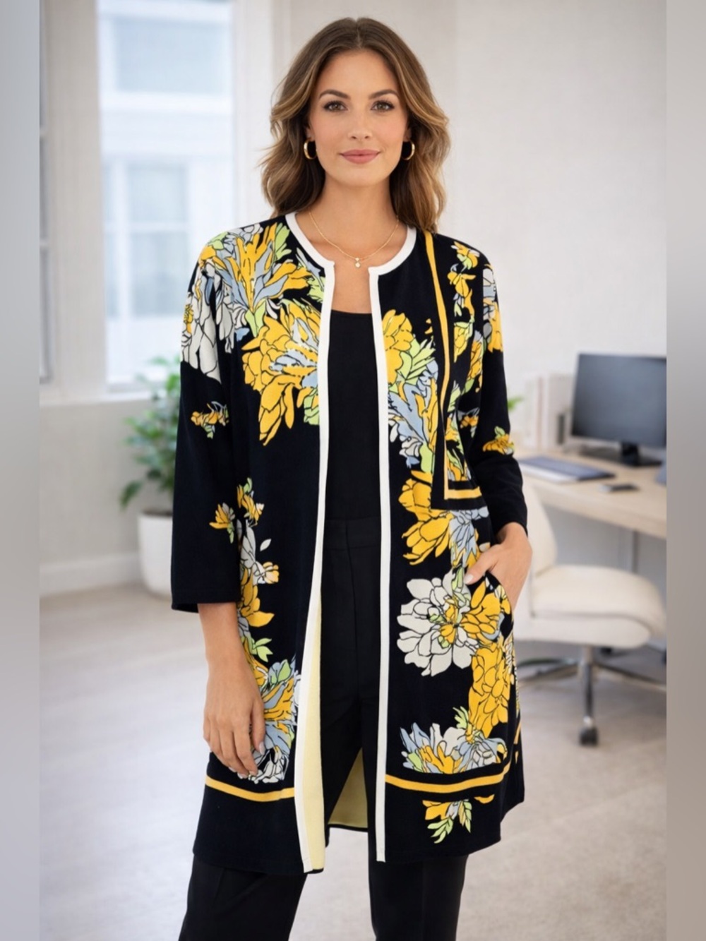 Carlisle Floral Cardigan Jacket Medium Black Yellow Longline Open Front Buttons